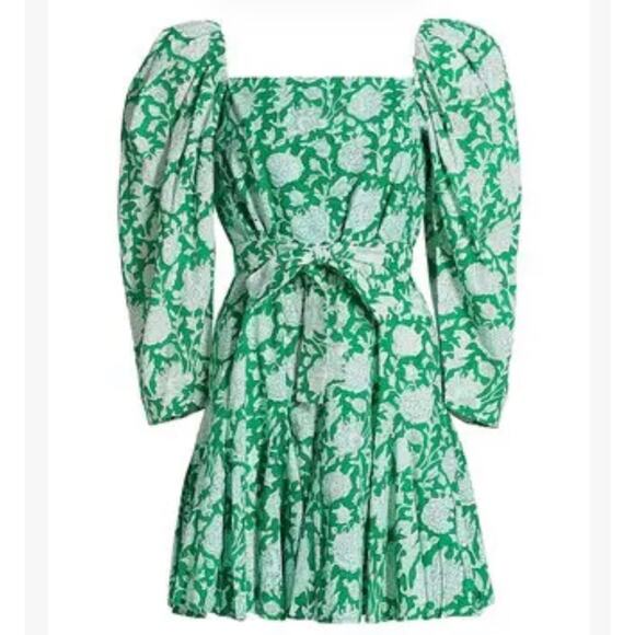 Mille Resort Anais Belted Mini Hand Block Print Dress Green Zinnia Size Small - Picture 3 of 12